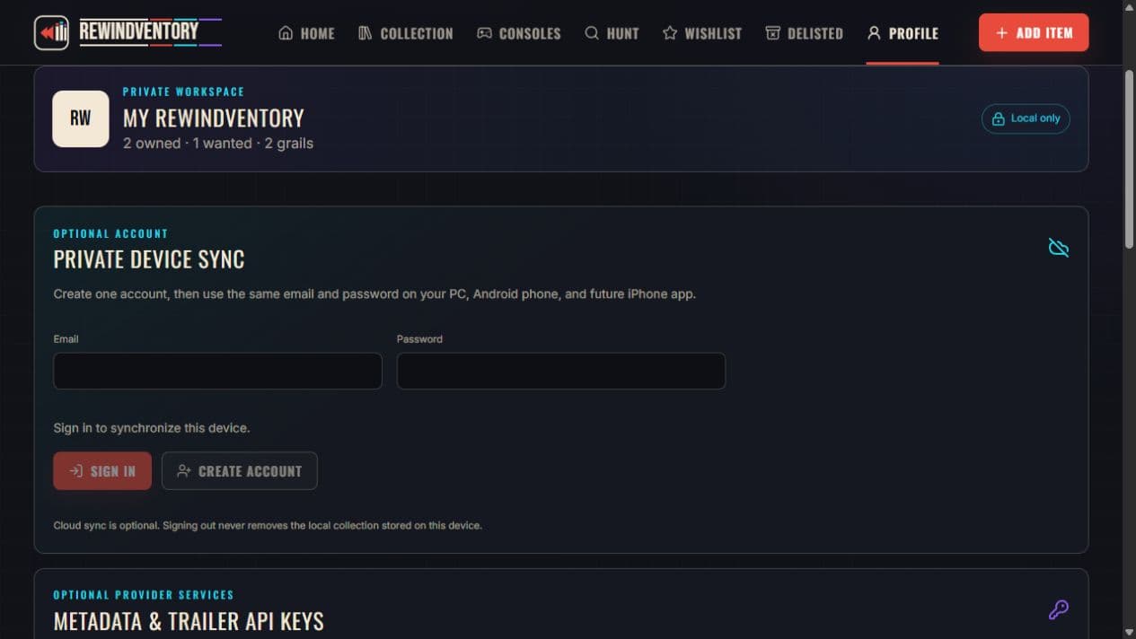 Profile and optional private sync settings